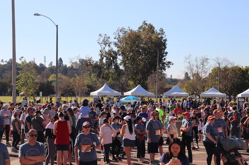 A large group of run/walk participants mingling at the event