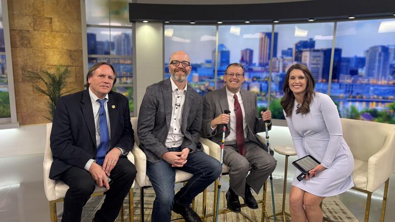 From left to right: Minnesota Sen. Jim Abeler (R), Rep. Brad Tabke (D) and patient advocate Mark Kelm advocate for Minnesota's paraquat ban on with reporter Leah Beno on Fox9.