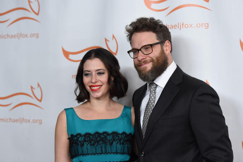 Seth Rogen and his wife Lauren Miller on the red carpet at MJFF's Funny Thing Gala.