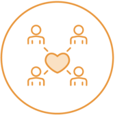 minimalist line drawing of a four figures surrounding a heart