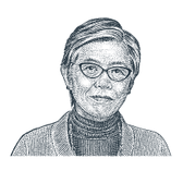 Woman with black-rim glasses and dark turtleneck top