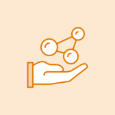 Illustrated atoms floating above a hand.