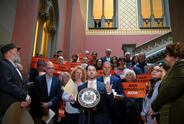 MJFF's Zach Hardy rallies the crowed at a coalition press conference in support of New York's paraquat ban legislation.
