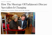 An image of the Forbes story headline including a picture of Michael J. Fox and the late Mrs. Lily Safra cutting a red ribbon.
