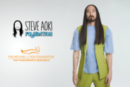 An image featuring the MJFF and Steve Aoki Foundation logo with Steve Aoki pictured on the right. 