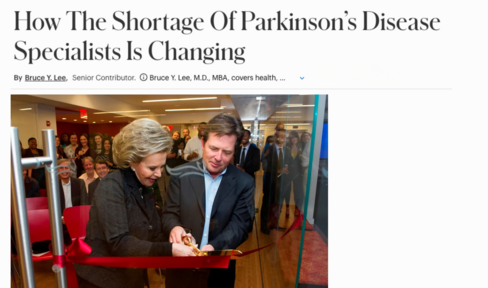 An image of the Forbes story headline including a picture of Michael J. Fox and the late Mrs. Lily Safra cutting a red ribbon.