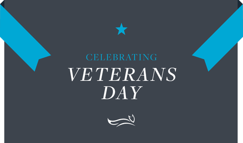 Blue background and says celebrating Veterans Day