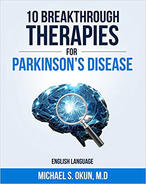 Book cover of "10 Breakthrough Therapies for Parkinson's Disease" with graphic of magnifying glass over brain. 