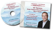 Cover for CD titled "10 Things Every Person with Parkinson's Must Know" Caucasian male smiling in front of mountains. 