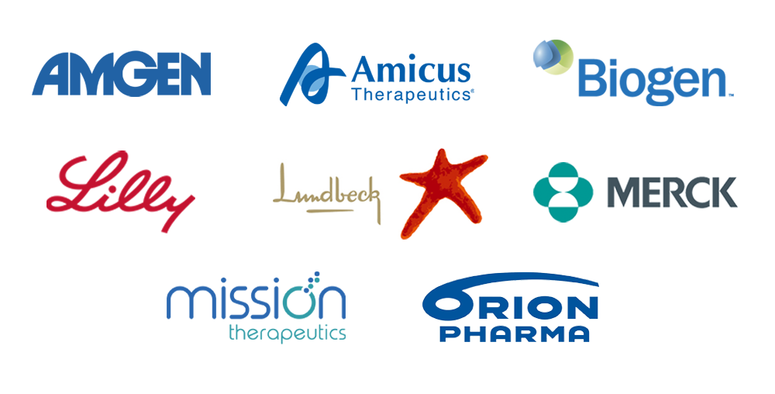Logos for Amgen, Amicus, Biogen, Eli Lilly, Lundbeck, Merck, Mission and Orion Pharma