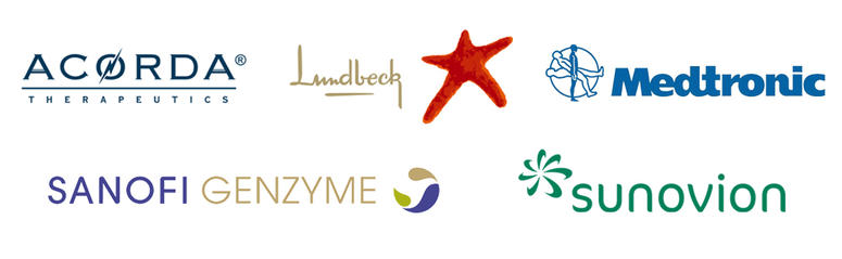 Logos for Acorda, Lundbeck, Medtronic, Sanofi Genzyme and Sunovion