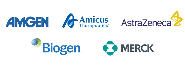 Logos for Amgen, Amicus, AstraZeneca, Biogen and Merck