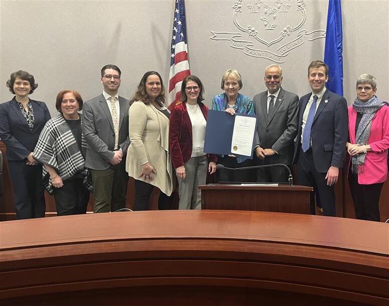 Advocates rally in support of Parkinson’s legislation in Connecticut. From left to right: Dr. Christine Gummerson, Carol Goldberg, Zach Hardy, Holly Seymour, Representative McCarthy-Vahey, Regina Stankaitis, Senator Anwar, Senator Matt Lesser, Representative Anne Hughes.