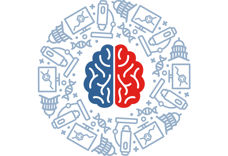 Illustrated brain surrounded by a pattern of science and governmental icons.
