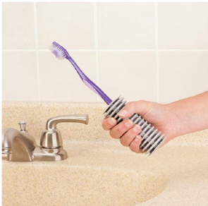 soft, foam grips on handles of grooming items such as a toothbrush