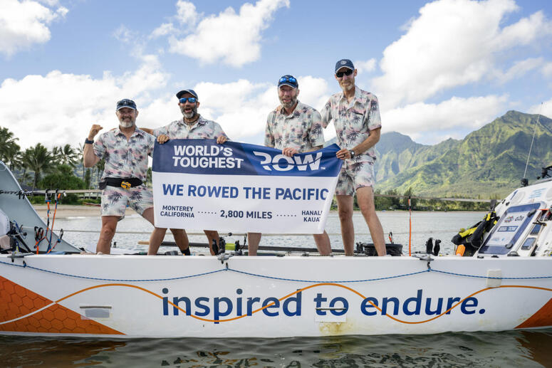 Human Powered Potential teammates Patrick Morrissey, Scott Forman, Brendan Cusick and Peter Durso celebrate crossing the Pacific Ocean as part of the World's Toughest Row challenge in 2024.. 