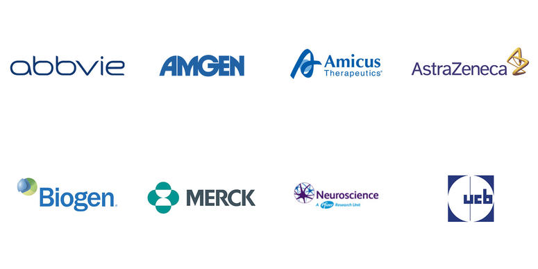 Logos of Abbvie, Amgen, Amicus, Astra Zeneca, Biogen, Merck, Neuroscience, and Union Chimique Belge (UCB).