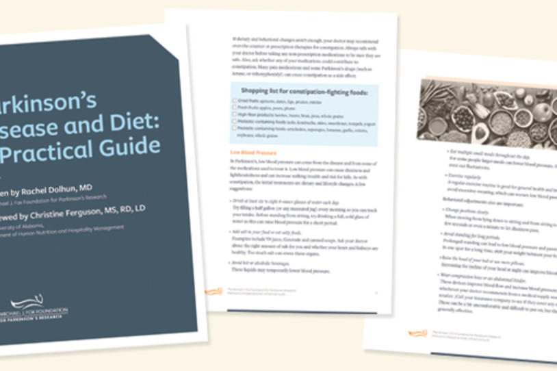 Cover and inside pages of the "Parkinson's Disease and Diet: A Practical Guide."