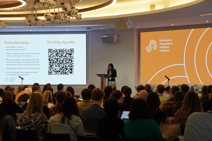 MJFF's Sohini Chowdhury, chief program officer, presenting at the 2025 PPMI annual investigator's meeting.