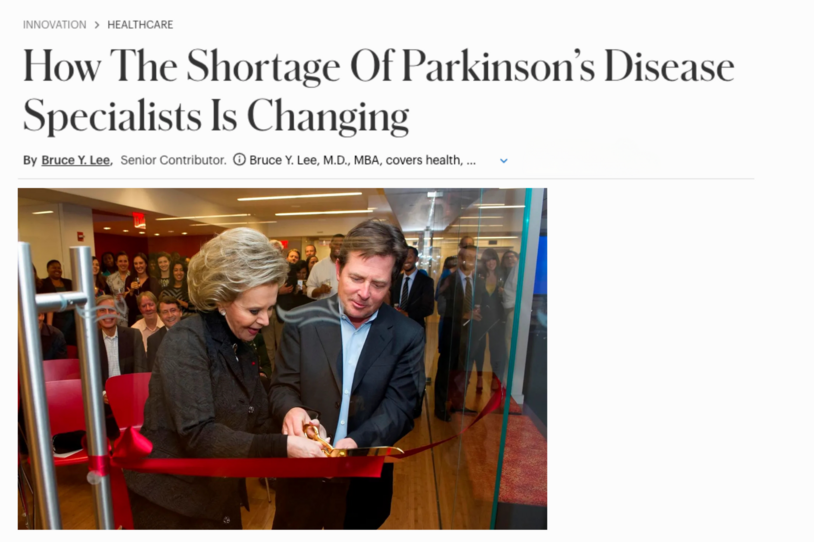 An image of the Forbes story headline including a picture of Michael J. Fox and the late Mrs. Lily Safra cutting a red ribbon.