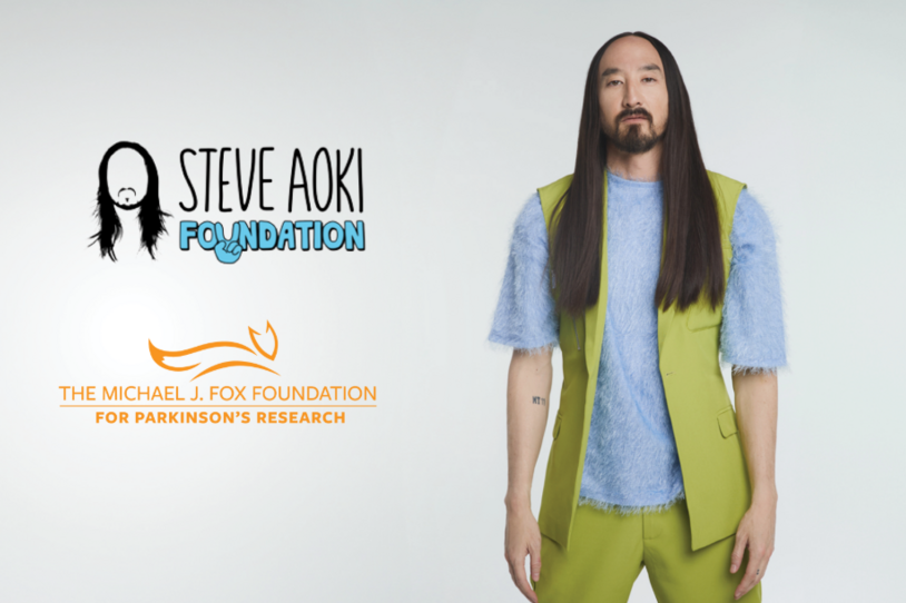 An image featuring the MJFF and Steve Aoki Foundation logo with Steve Aoki pictured on the right.