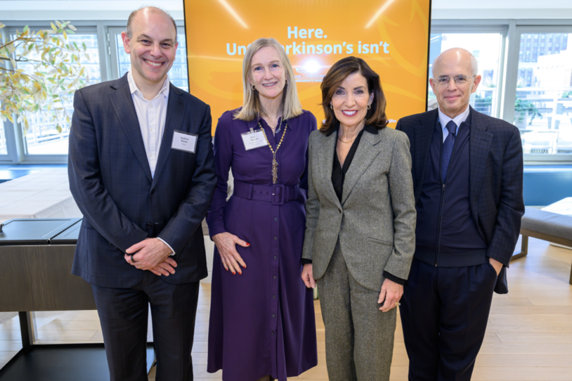 From left to right: Andrew Baum, chief strategy and innovation officer at Pfizer; Debi Brooks, CEO and co-founder of The Michael J. Fox Foundation; New York Governor Kathy Hochul and Anthony Shorris, partner at McKinsey & Company.