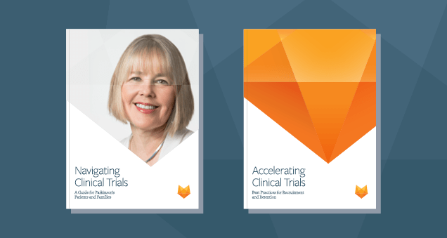 Cover of MJFF's guides "Navigating Clinical Trials" and "Accelerating Clinical Trials."