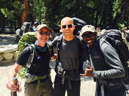 Three male hikers getting ready to climb Mt. Whitney for Team Fox.