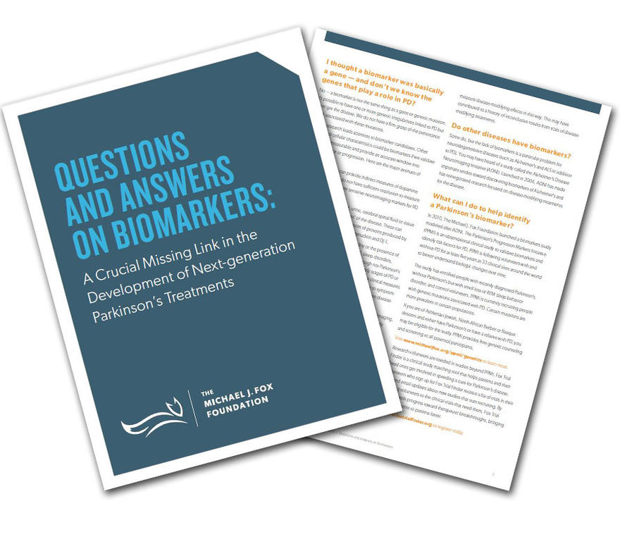 Cover of and page from the MJFF guide "Questions and Answer on Biomarkers."