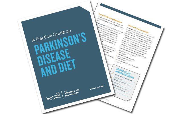 Cover of and page from MJFF's "A Practical Guide on Parkinson's Disease and Diet."
