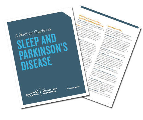 Cover of and page from MJFF's "A Practical Guide on Sleep and Parkinson's Disease."