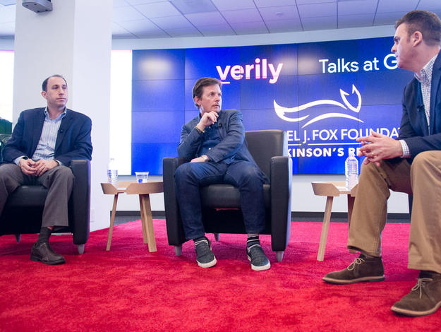 Michael J. Fox and Todd Sherer speak at event with William Marks of Verily Life Sciences.