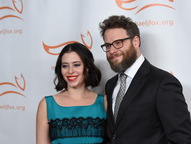 Seth Rogen and his wife Lauren Miller on the red carpet at MJFF's Funny Thing Gala.