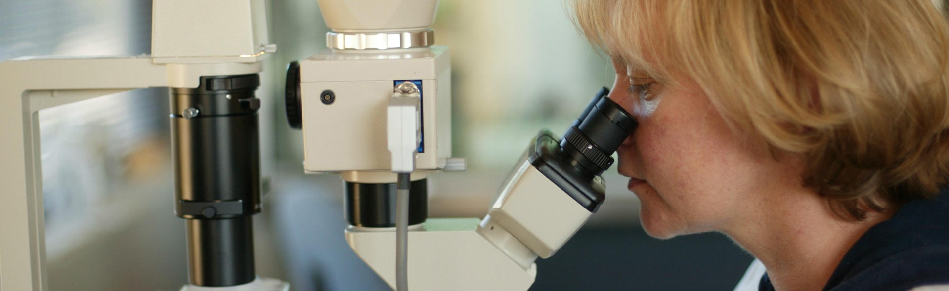Female researcher looking through a microscope in the lab.