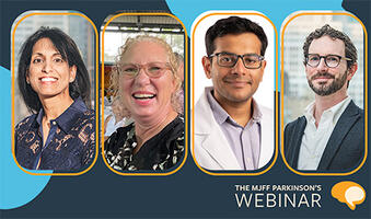 Promotional webinar graphic featuring headshots of four speakers in rounded frames above the text “The MJFF Parkinson’s Webinar” on a blue background.